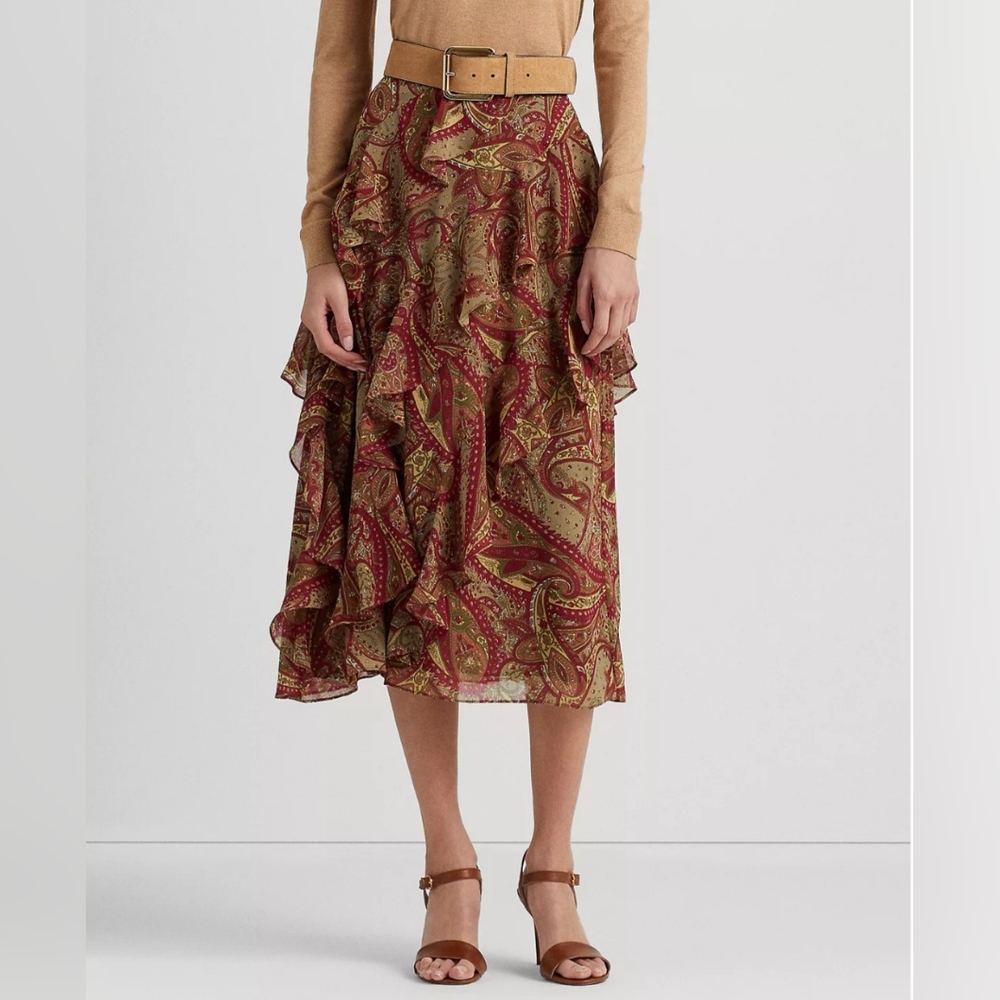 NWT Lauren Ralph Lauren Paisley Ruffle-Trim Georgette Skirt Size 14